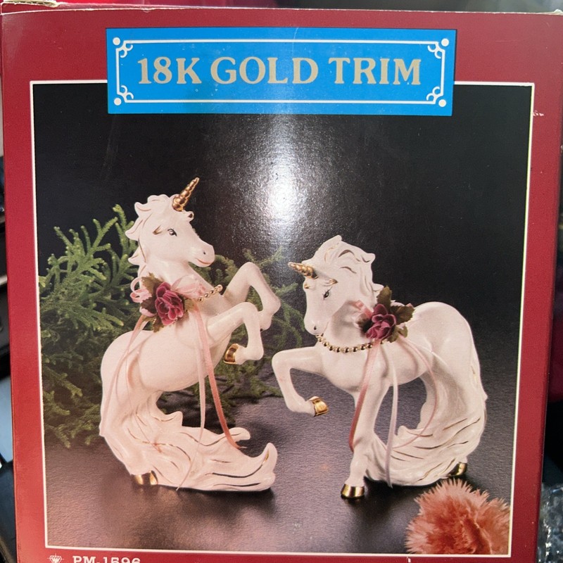 Unicorn Collection Pair White Rearing Figurines with Gold Horns & Floral Detail