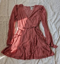 Flying Tomato Pink Lace Dress V-Neck Long Puff Sleeve Ruffle Short