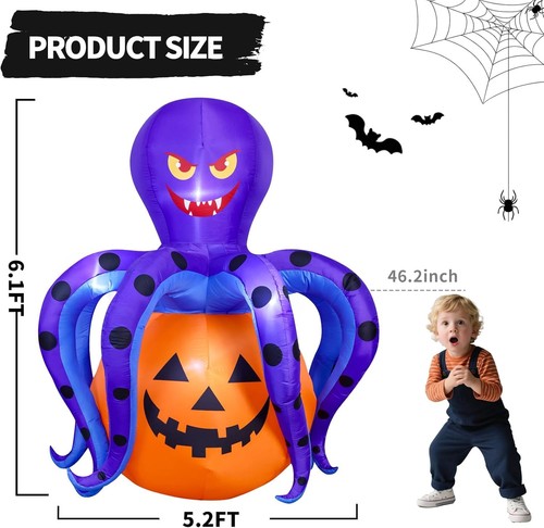 6,2 Fuß Halloween Schlauchboote Dekoration Outdoor, Halloween Oktopus Kürbis Schlag - Bild 6 von 6