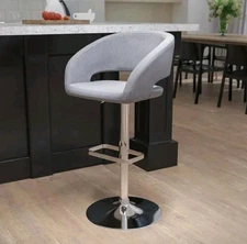 Gray Fabric Adjustable Height Barstool with Rounded Mid-Back and Chrome Base