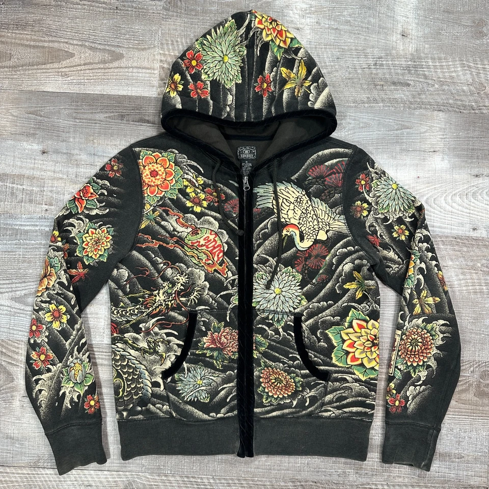 Sudadera con Capucha Cremallera Completa Tatuaje Tokio Marca Lucky Y2K De Colección Talla Mediana Flora de Dragón Asiático Foto 3 de 4