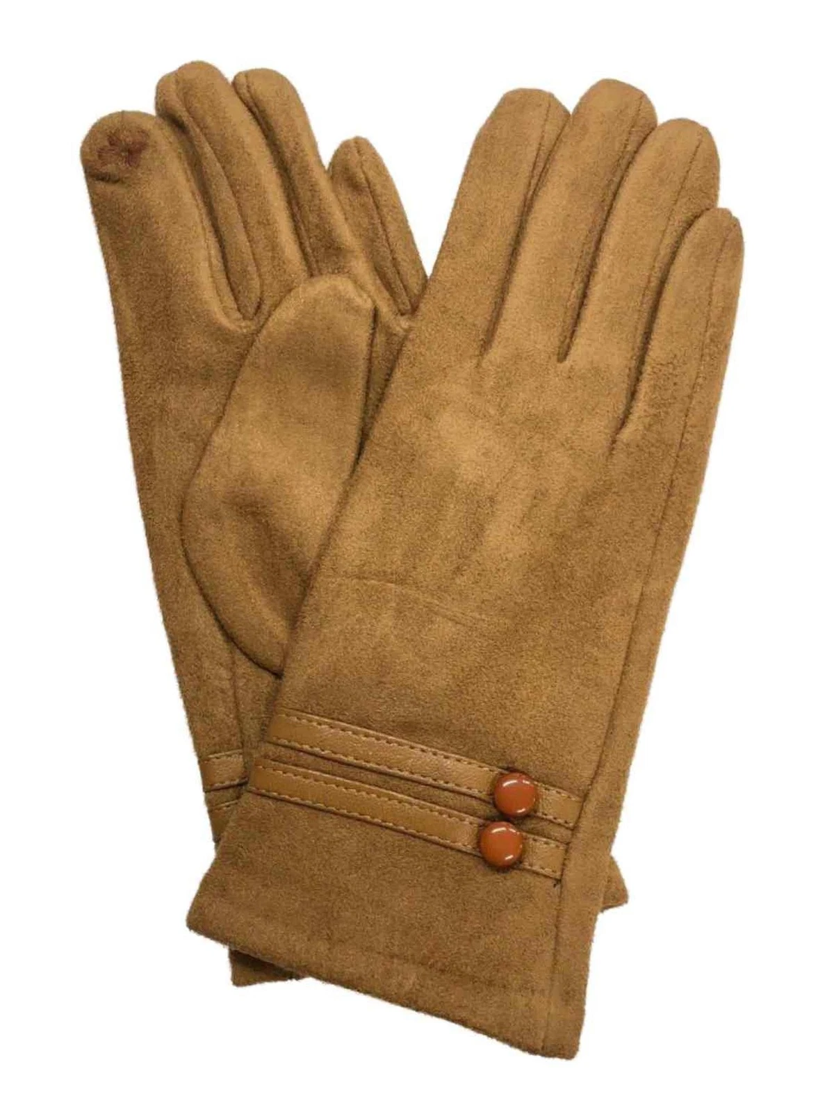 Womens Camel Tan Button Sude-Look Stretch Fit Texting & Tech Touchscreen Gloves