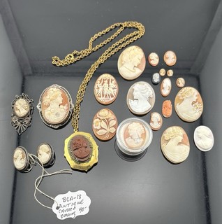 VTG ATQ Loose Cameo Lot Some Still Set Damaged Settings Carved Shell w Diamond