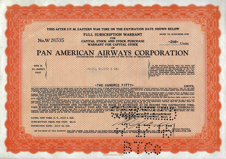 Pan American Airways Corporation, Warrant, 1945 (250 Units) - Bild 1 von 1