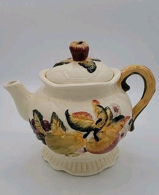 VINTAGE Lg Bico Ivory China Fruit & Floral Ceramic Glazed Teapot Apple Pear Leaf