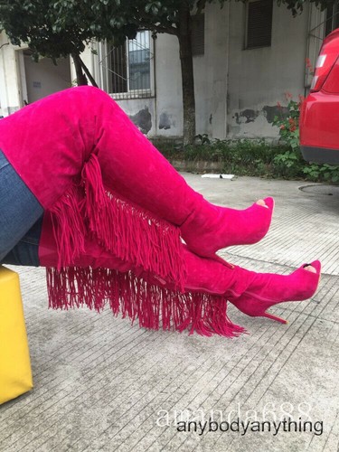 Sexy Womens Tassels Over The Knee Boots Thigh High Zip Boots Peep Toe Shoes Size - Picture 9 of 24