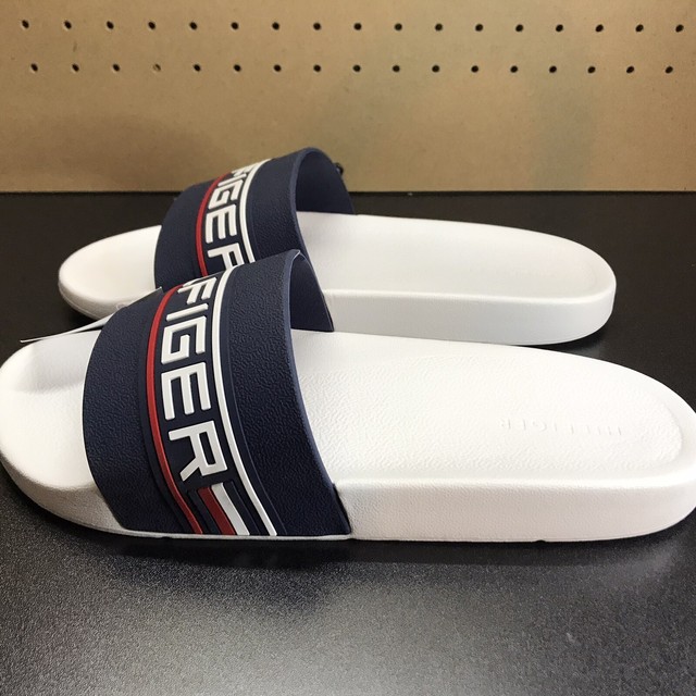 Tommy Hilfiger Evered Size 10 White With Red / Blue Logo Slide Mens Sandals for sale online | eBay