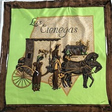 HOLLY HOELSCHER Silk Scarf Las Cienegas Horse Carriage Green Brown Square 36  