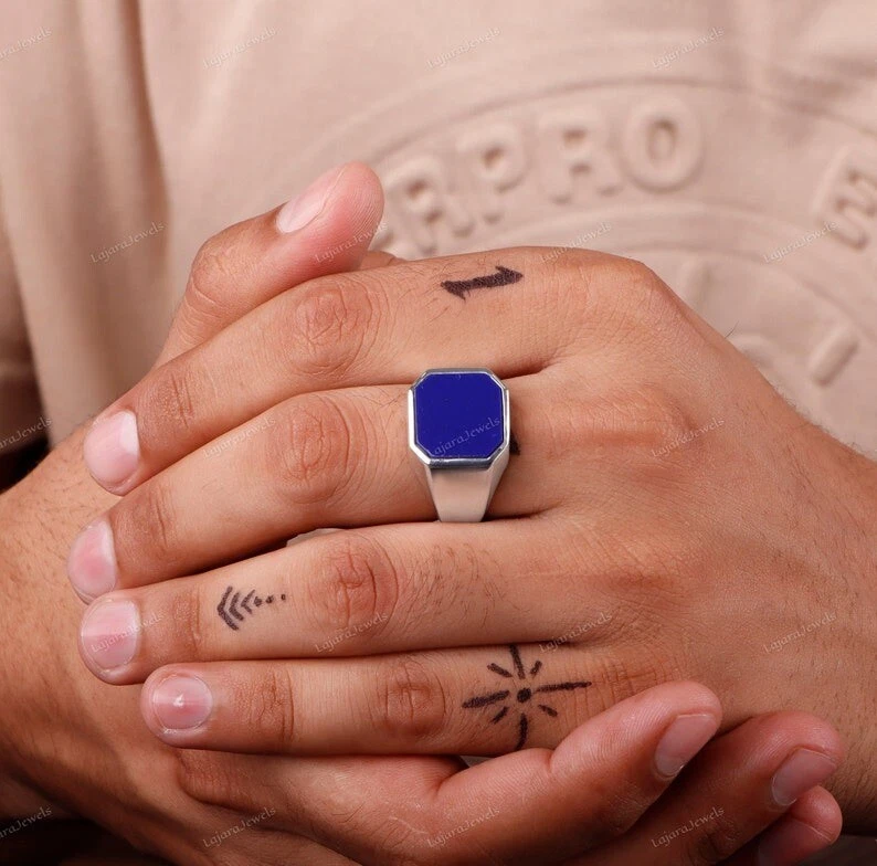 Anillo de lapislázuli para hombre anillo de plata de ley 925, sello anillo para hombre regalo para él Foto 3 de 4