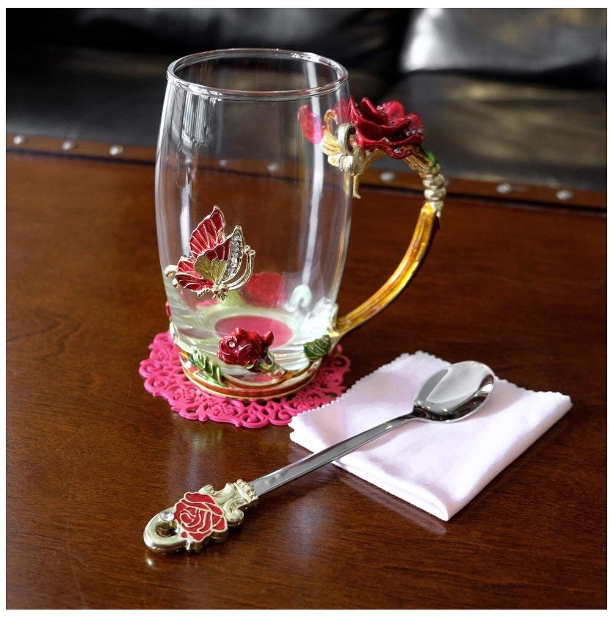 Luxury Unique Set Glass Tea Cup Royal Coffee Mug Red Rose Modern