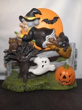 VINTAGE 1980 HALLOWEEN WITCH MOON BLACK CAT Light-up Decor DUNCAN ENTERPRISE