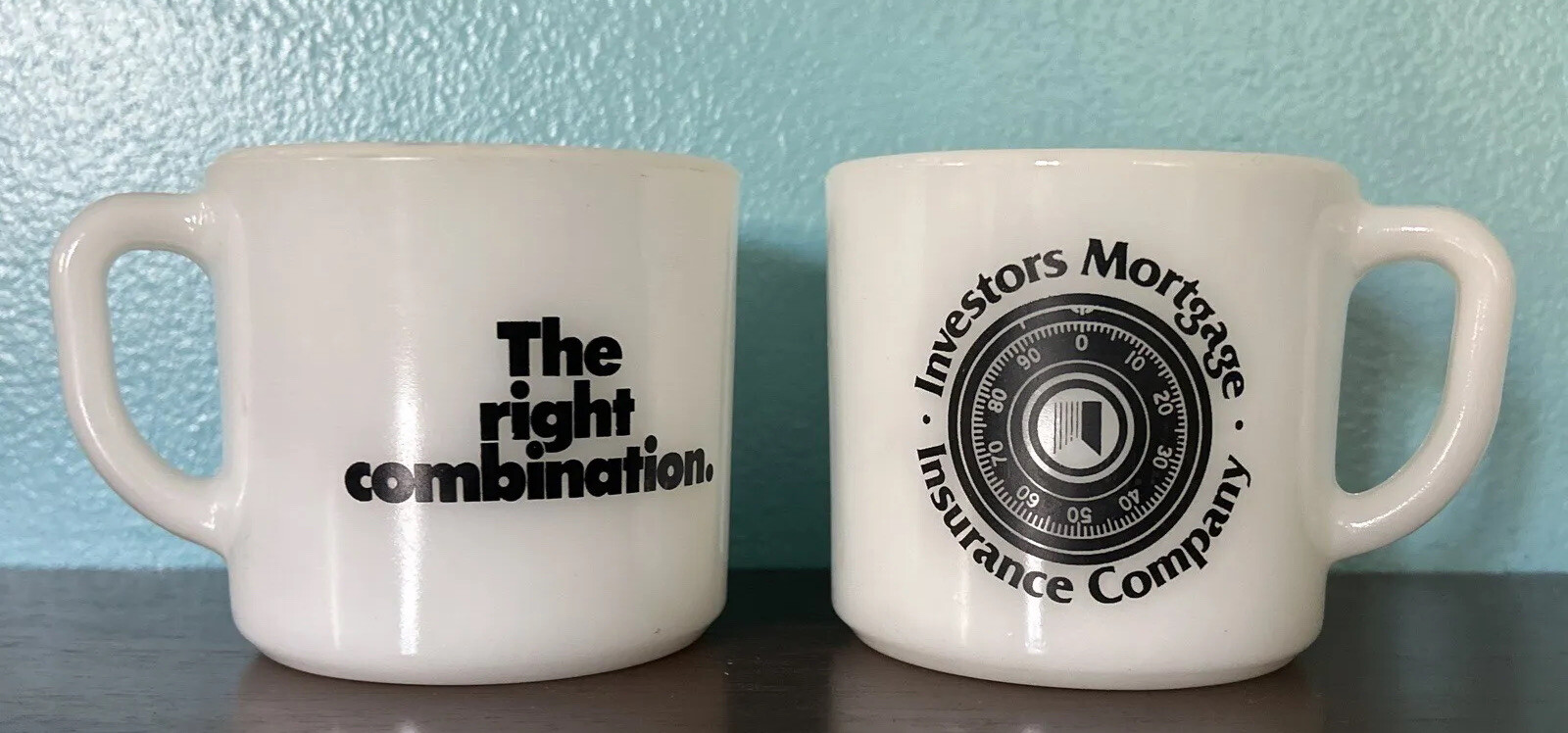 Vtg Fire King Anchor Hocking Mug Investors Mortgage Insurance Co Rare Pair