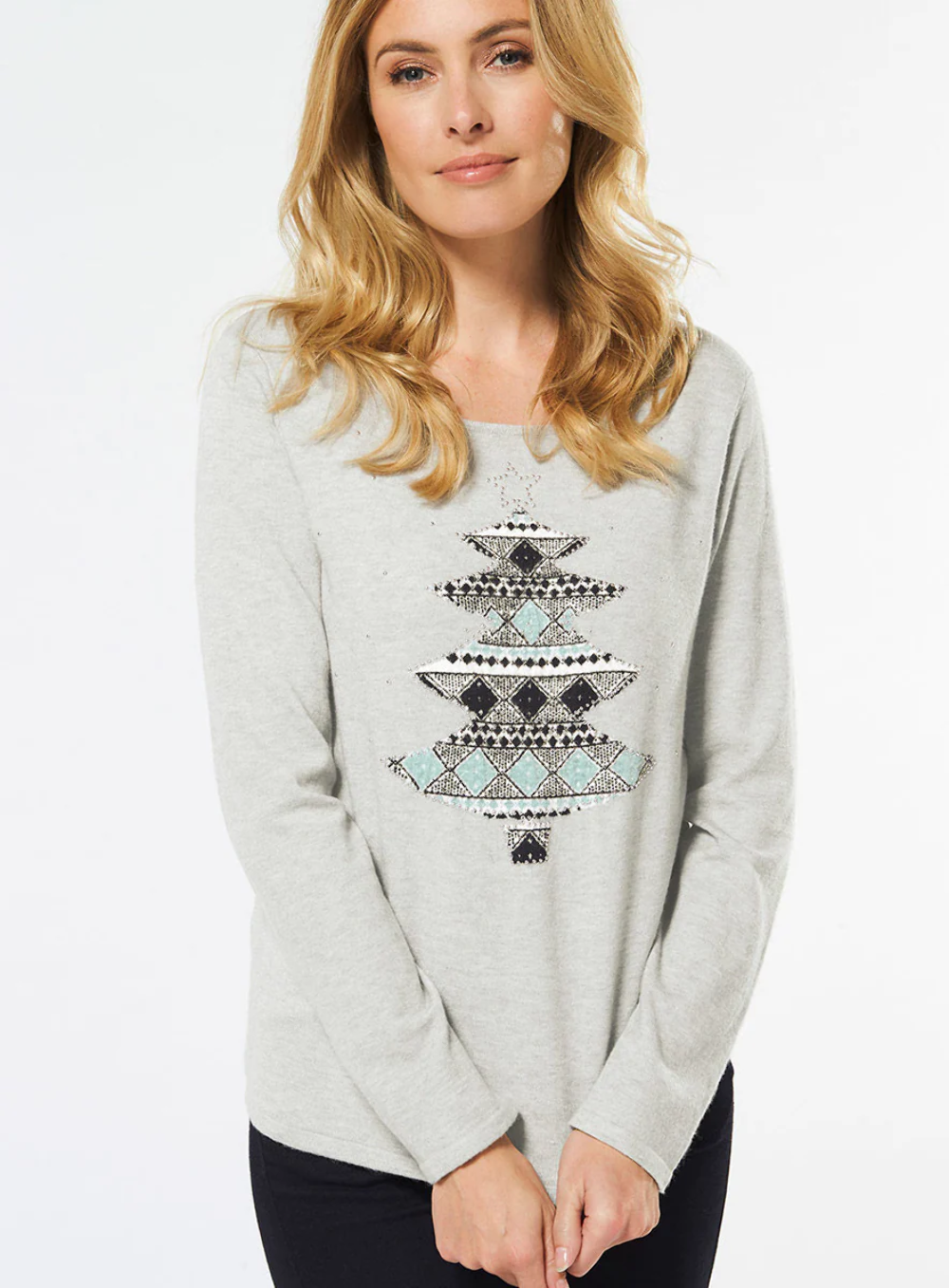 Ladies Bon Marche Grey Fairisle Christmas Tree Xmas Jumper 10 12 14 16