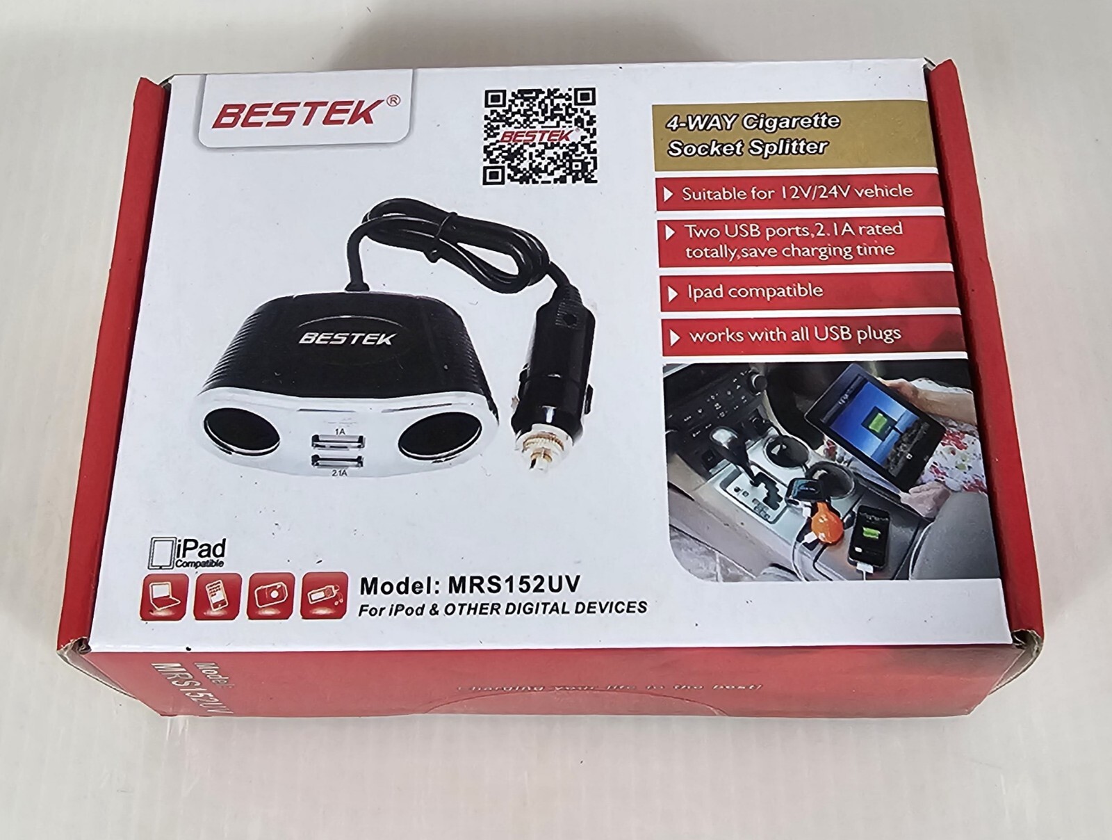BESTEK 2-Socket Cigarette Lighter Splitter Power Adapter w USB Outlets NEW