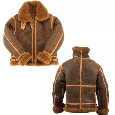 Men's RAF B3 Bomber Style Faux Fur Cowhide Warm Duffle Leather Overcoat Jacket