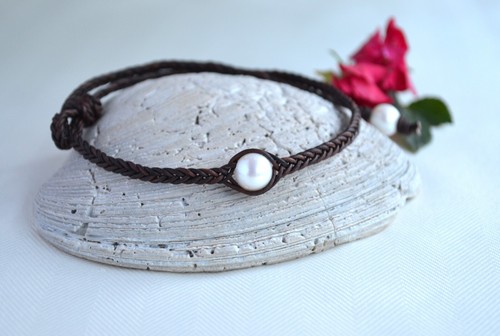 Collana Pelle Perla Perla Choker Perle su Pelle Boho Perla Gioielli Yevga - Foto 3 di 8