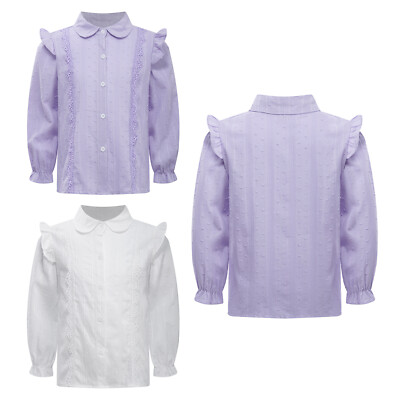 Kids Girls Long Sleeve White Ruffled Blouse for Spring Cotton Button Down Shirts