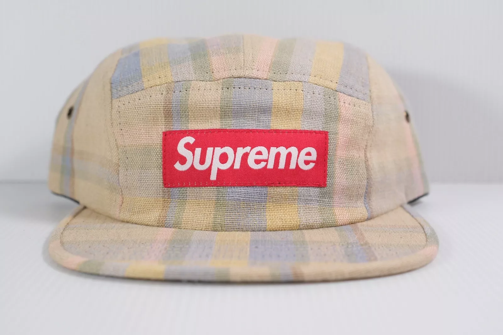 Supreme SS14 PLAID LIN CAMP CHAPEAU TAN BOÎTE ROUGE LOGO DUNK