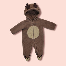Carter's Unisex Girl Boy Flannel Zip-Up Reindeer Jumpsuit Brown 3month