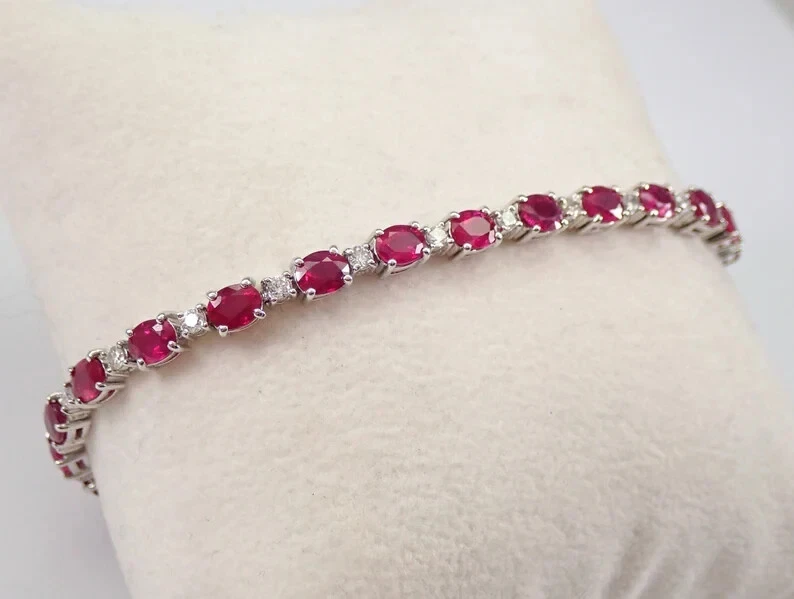 8Ct Oval Cut Lab-Created Women's Red Ruby Tennis Bracelet 925 Sterling Silver - Image 2 of 4