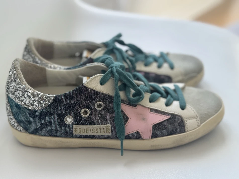罕见 Golden Goose 尺码 38 (8) 超级明星迷彩粉色星星闪光网球鞋 — 第 3/4 张图片
