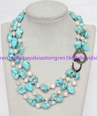 3 Row Natural Irregular Nugget Turquoise Gems Beads White Baroque Pearl Necklace