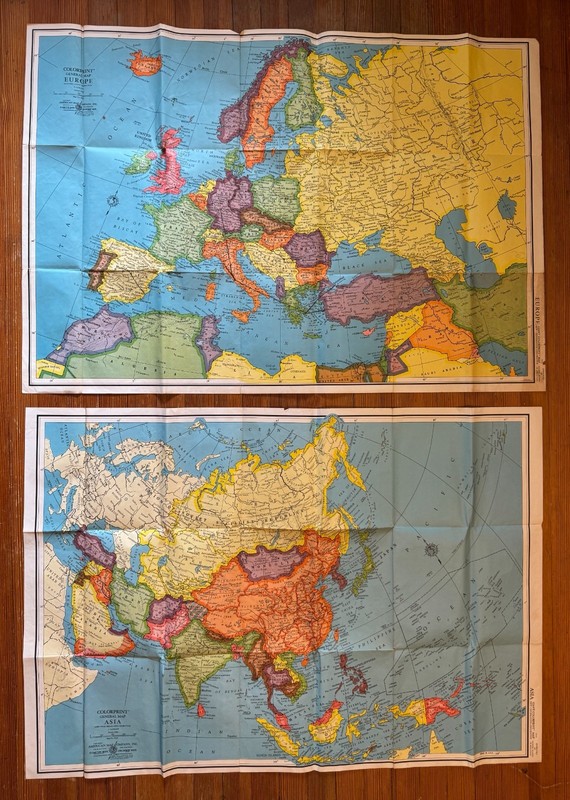 vtg lot GIANT COLORPRINT MAP maps EUROPE ASIA Education SCHOOL large 28" x 41"