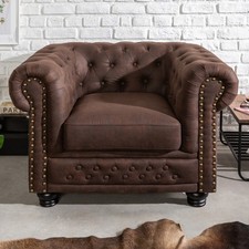 Chesterfield Sessel - 110cm - braun - Microfaser - mit Knopfheftung Federkern