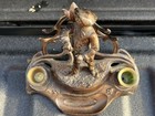 Brass Double Inkwell Desk Set w/ Standing Figure, Green Ink Color — photo 2