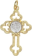 St. Benedict Gold Crucifix Pendant, Ornate Catholic Medal, 1"   Italy