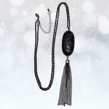 Black Oval Stone Tassel Necklace Dark Silver Tone