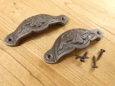 2 CUP PULLS 4 1/4 WIDE DRAWER VICTORIAN BIN HANDLES ANTIQUE-STYLE IRON BEAUTIFUL