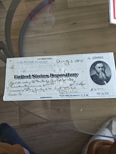 1905 U.S. Depository War Department Paymaster Check 08/01/1905 Burlington, VT