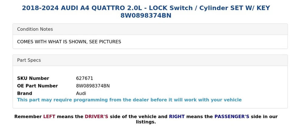 2018-2024 AUDI A4 QUATTRO 2.0L - LOCK Switch / Cylinder SET W/ KEY 8W0898374BN - Image 4 of 4