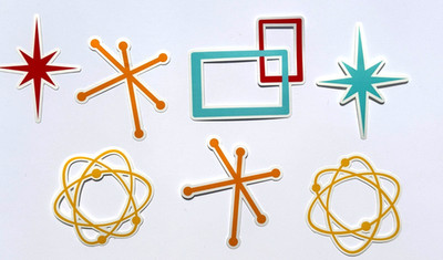 New! Retro Atomic Mid Century Vinyl Stickers Starburst Atom Primary Colors