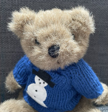 Jointed Stuffed Teddy Bear With Snowman Sweater Vintage 9 inches Adorable