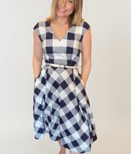 Eliza J Dress Blue White Check Plaid Sleeveless Lined Fit Flare Pockets Belt 8