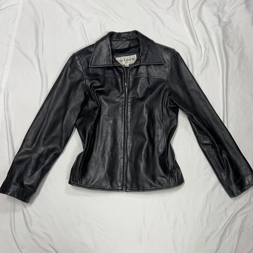Guy Laroche, Vintage Guy Laroche Leather Black Coat Jacket Medium Womens Tailor Crop Fit