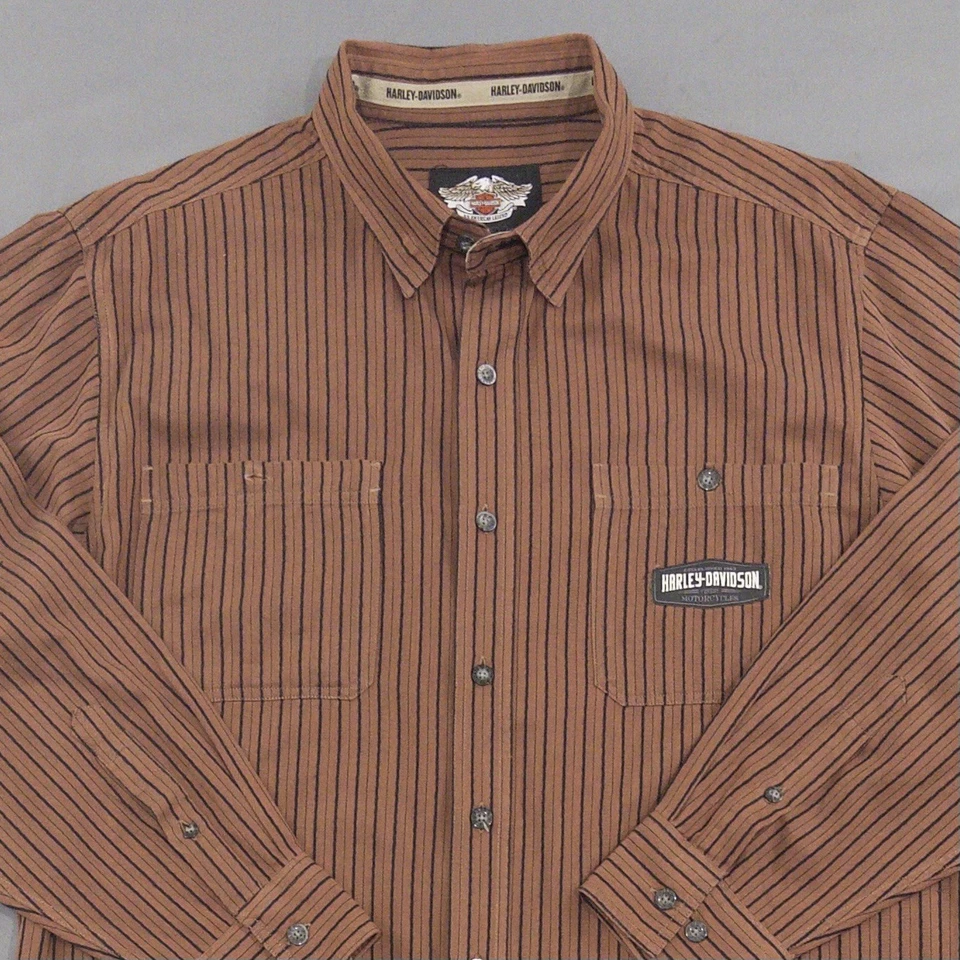 Camisa de manga larga Harley-Davidson para hombre marrón a rayas con botones Foto 3 de 4