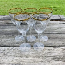 Set Of 5 Crystal Double Gold Band Hexagonal Stemmed Wine Glasses 8.25” Tall-10oz