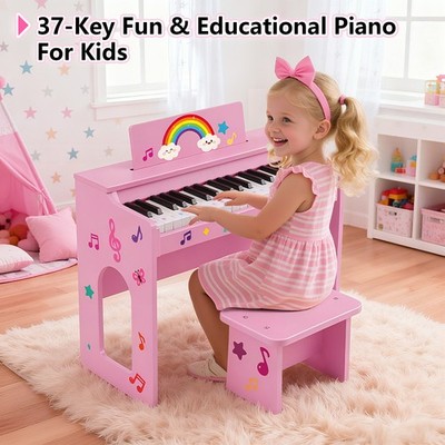 Pink Wood 37 Keys Kids Digital Piano Keyboard Toys w/ Bench, Stickers, Cover