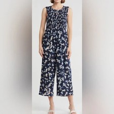 Calvin Klein Sz 10 Sleeveless Floral Jumpsuit Smocked Top Crop Wide Leg NWT 129