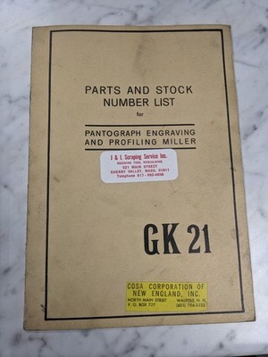 COSA SERVICE PARTS STOCK LIST BOOK MANUAL PROFILE MILLER ENGRAVING MACHINE GK21