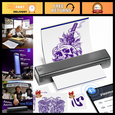 Tattoo Stencil Printer Kit - Wireless Temporary Tattoo Maker, Bluetooth, 10 Tran