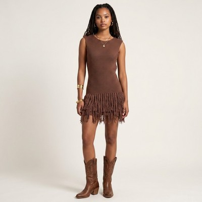 Musera Open Back Fringe Knit Mini Dress XS Brown Boho Western Festival Cowgirl