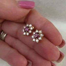 Lab Created Red Ruby 2.00Ct Oval Cut Halo Stud Earrings 14k Yellow Gold Plated