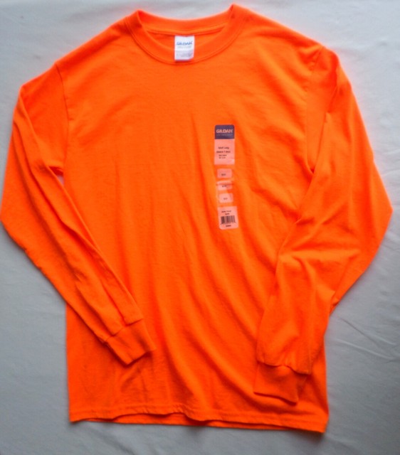 Gildan Shirt Neon Safety Orange Long Sleeve Cotton Size Small BUY 1 OR BOTH | eBay