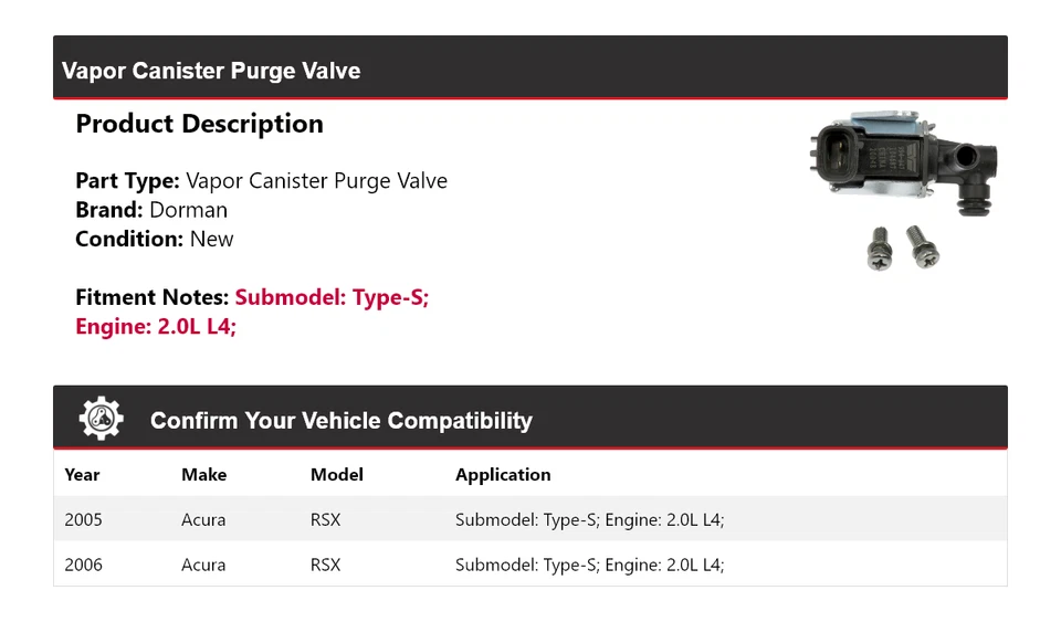 Válvula de purga de bote de vapor Dorman 2,0 L L4 2005-2006 Acura RSX Type-S Foto 2 de 4
