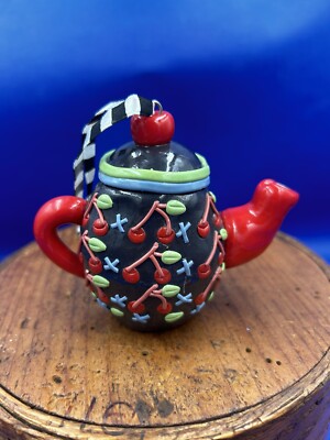 Mary Engelbreit Collection Teapot Ornament Black with Cherries Striped Ribbon