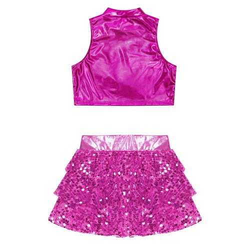Kids Girls Ballet Dance Dress 2-Piece Metallic Shiny Lyrical Latin Dancewear - Picture 17 of 39